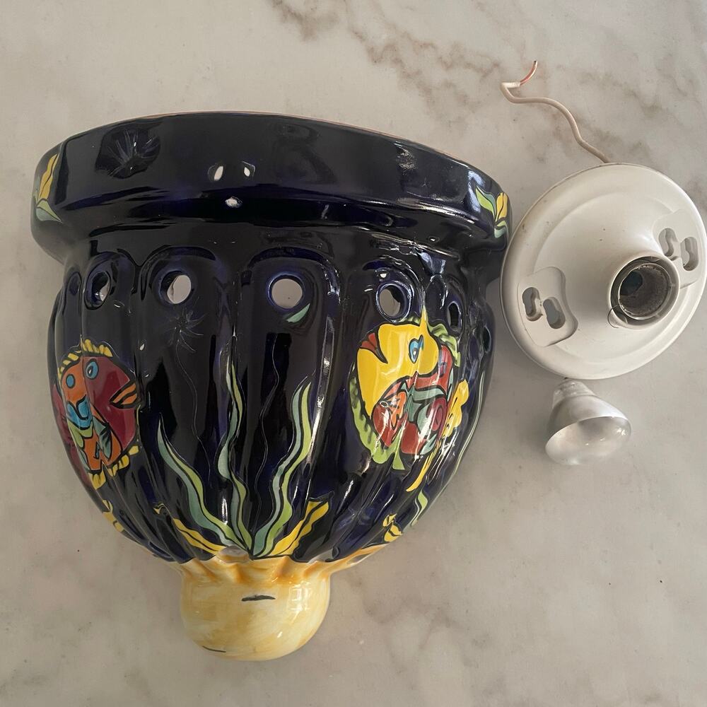 Talavera Mexican Ceramic Pottery Wall Pocket Sconce Light Fish Blue Yellow Bulb